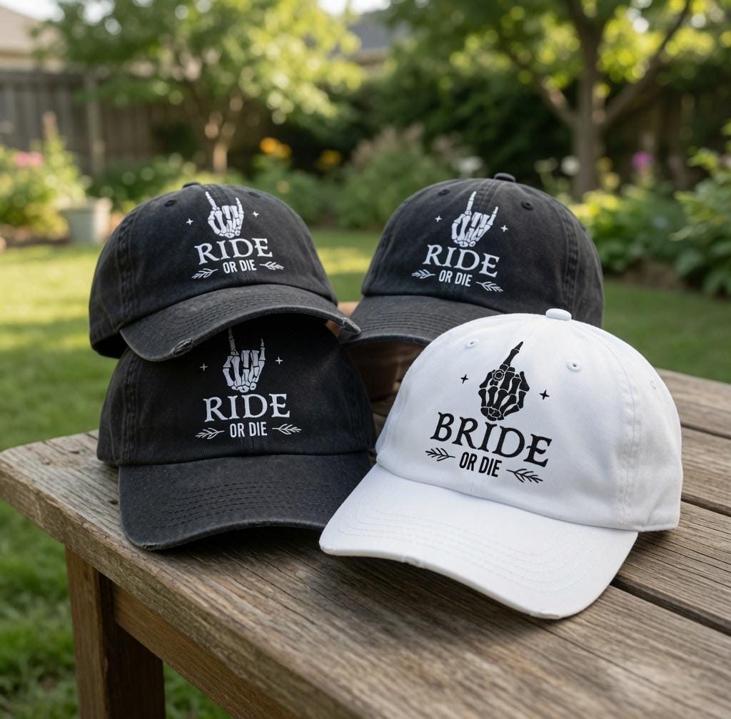 Bride or Die Wedding Hat with Skeleton Hand, Bachelorette Party Embroidered Cap, Gothic Bridal Shower Gift, Retro Distressed Baseball Hat