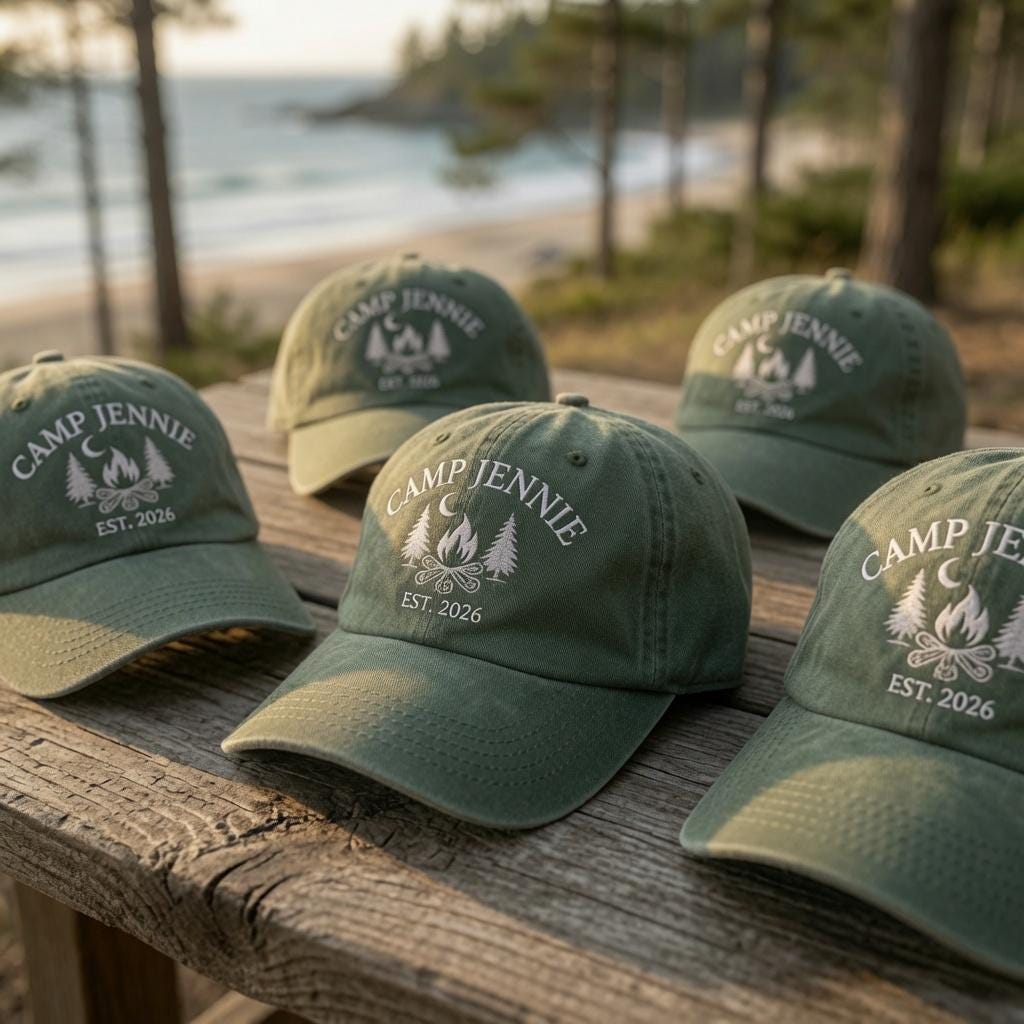 Custom Camping Hat | Personalized Camp Jennie Cap | Matching Family Glamping Hats | Retro Washed Green Dad Hat | Custom Campfire Group Gift