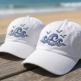 Custom Ocean Wave Hat | Personalized White Beach Cap | Minimalist Waves Baseball Hat | Retro Embroidered Dad Hat | Custom Summer Cruise Gift