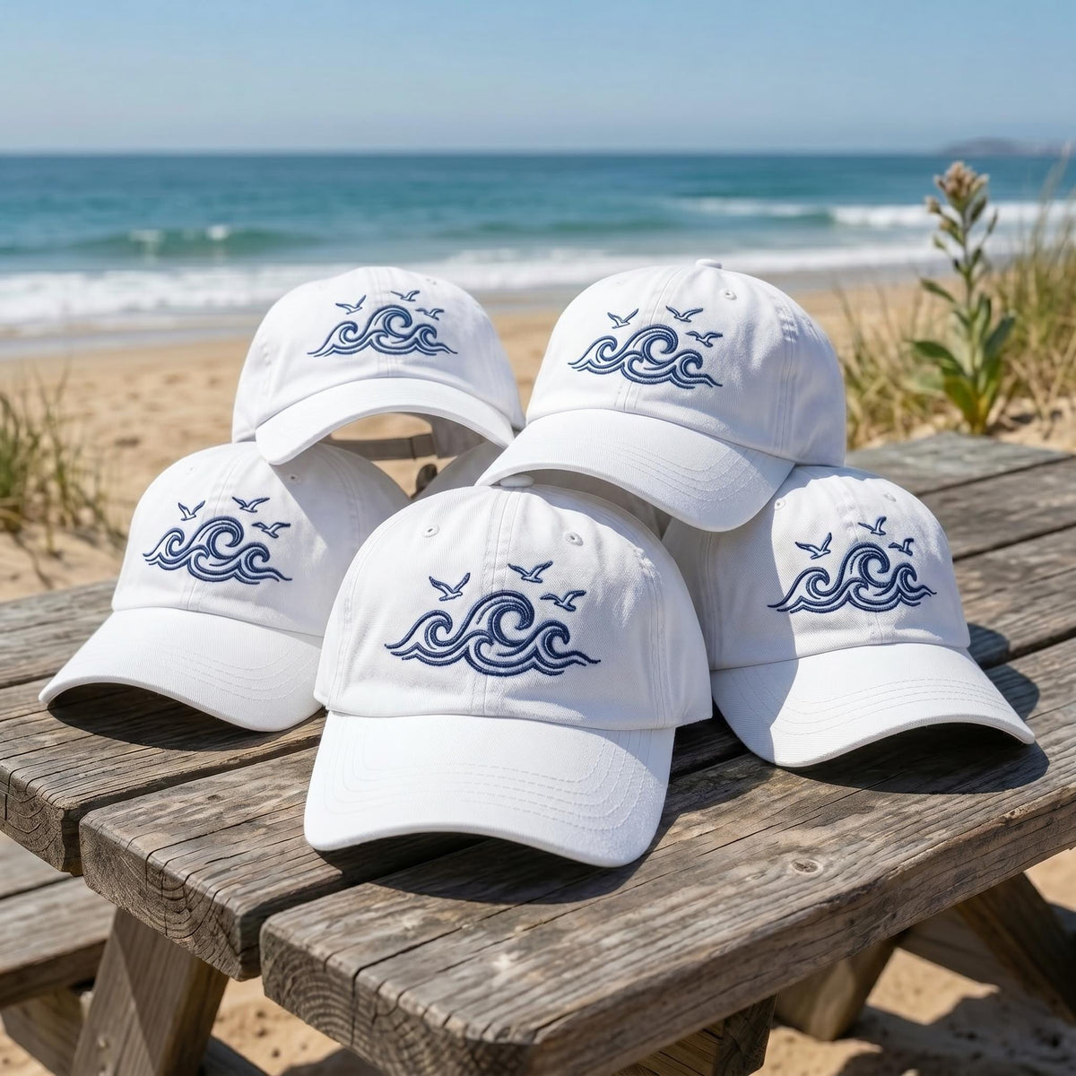 Custom Ocean Wave Hat | Personalized White Beach Cap | Minimalist Waves Baseball Hat | Retro Embroidered Dad Hat | Custom Summer Cruise Gift