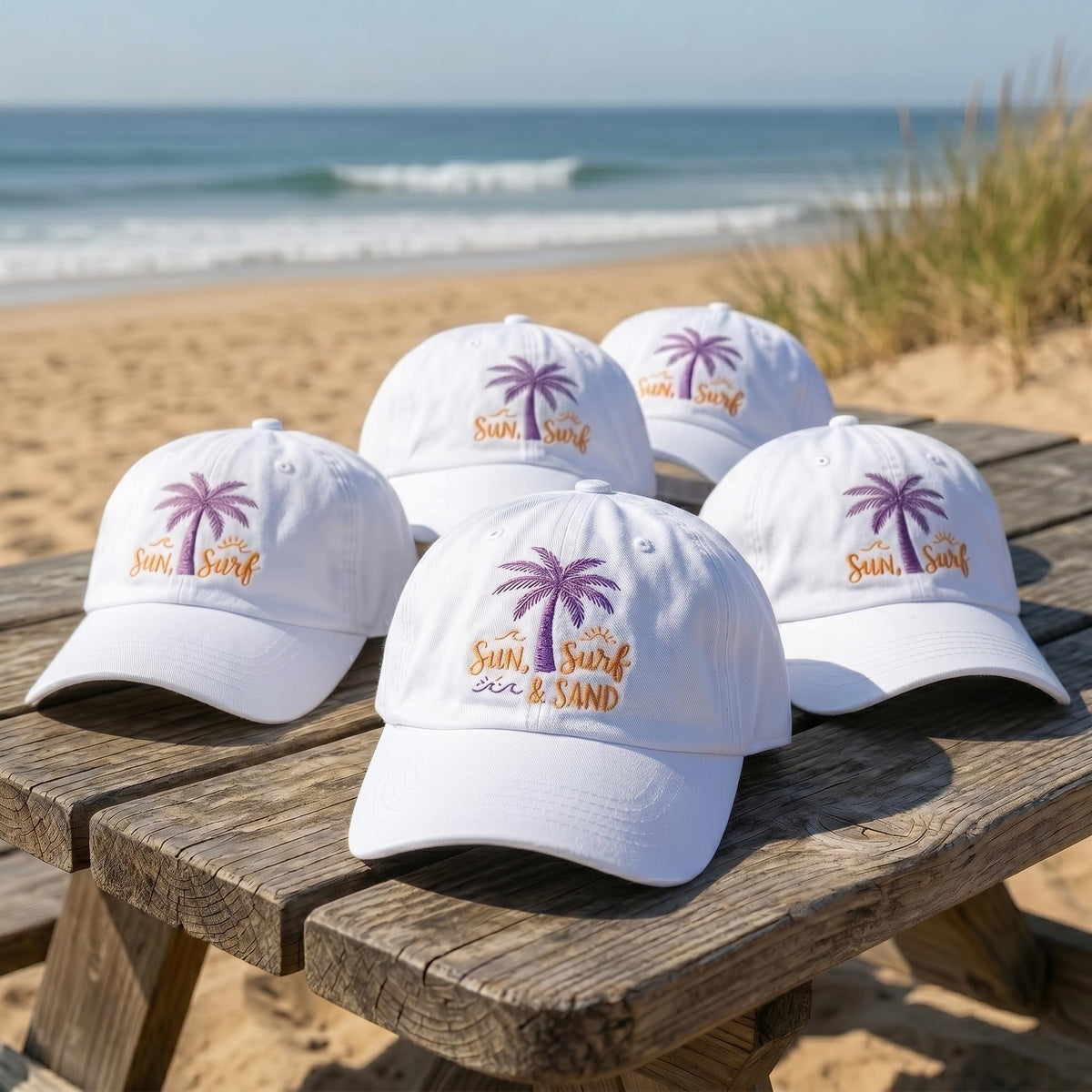 Custom Sun Surf Sand Hat | Personalized Beach Vacation Cap | Retro Palm Tree Baseball Hat | Embroidered White Dad Hat | Custom Summer Gift