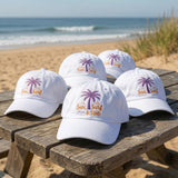 Custom Sun Surf Sand Hat | Personalized Beach Vacation Cap | Retro Palm Tree Baseball Hat | Embroidered White Dad Hat | Custom Summer Gift