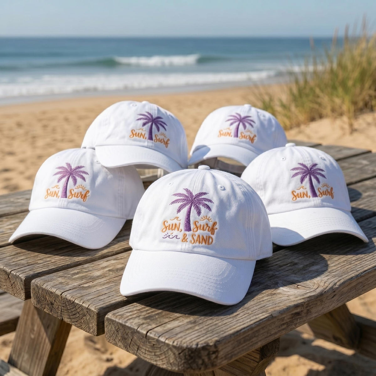 Custom Sun Surf Sand Hat | Personalized Beach Vacation Cap | Retro Palm Tree Baseball Hat | Embroidered White Dad Hat | Custom Summer Gift