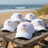 Custom Sun Surf Sand Hat | Personalized Beach Vacation Cap | Retro Palm Tree Baseball Hat | Embroidered White Dad Hat | Custom Summer Gift