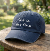 I'm The One Bride Hat, She Is The One Bachelorette Cap, Custom Embroidered Wedding Party Hat, Vintage Washed Denim Bridesmaid Gift