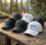 Camp Bachelorette Hat, Custom Bride To Be Dad Cap, Embroidered Bonfire Chill Squad Hat, Vintage Washed Denim Camping Bridal Party Gift