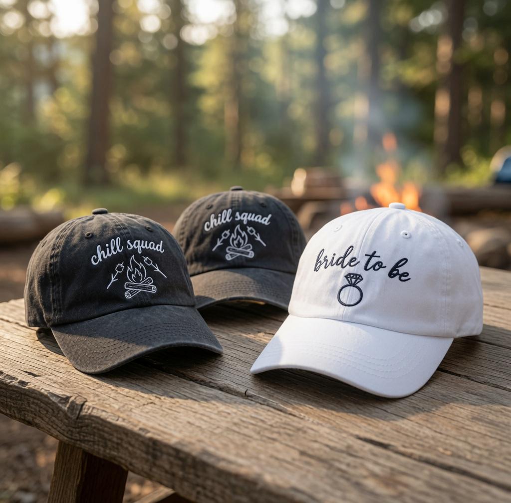 Camp Bachelorette Hat, Custom Bride To Be Dad Cap, Embroidered Bonfire Chill Squad Hat, Vintage Washed Denim Camping Bridal Party Gift