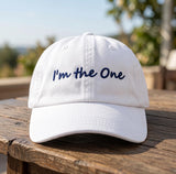 I'm The One Bride Hat, She Is The One Bachelorette Cap, Custom Embroidered Wedding Party Hat, Vintage Washed Denim Bridesmaid Gift