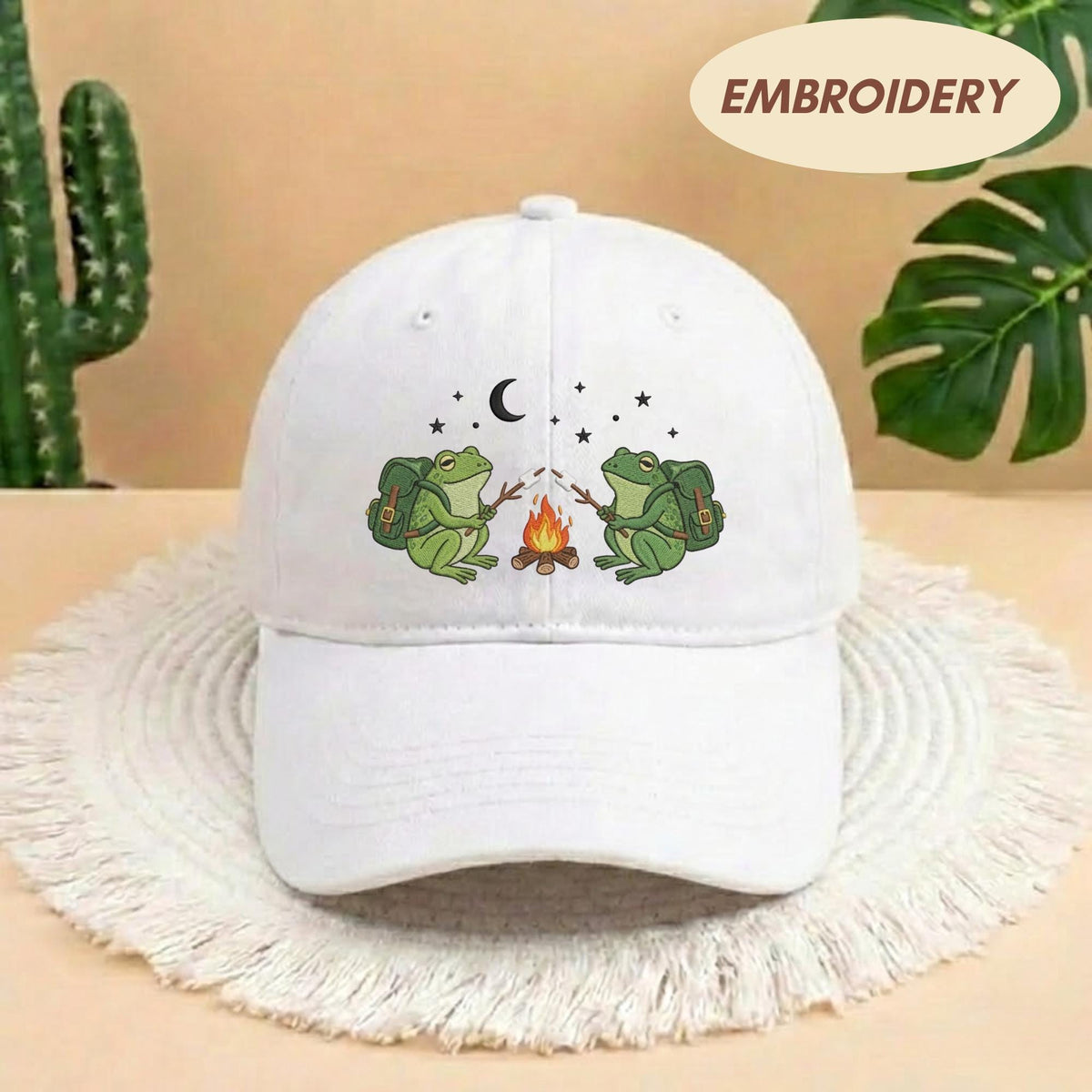 Embroidered Frog Camping Hat, Cute Marshmallow Roasting Cap, Nature Lover Baseball Hat, Funny Frog Hat, Outdoors Cotton Cap, Summer Camp Hat