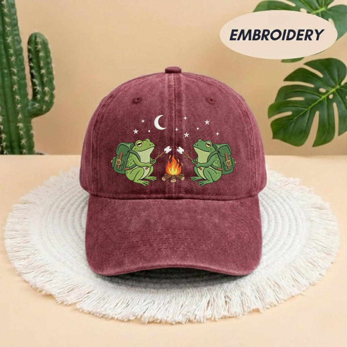 Embroidered Frog Camping Hat, Cute Marshmallow Roasting Cap, Nature Lover Baseball Hat, Funny Frog Hat, Outdoors Cotton Cap, Summer Camp Hat