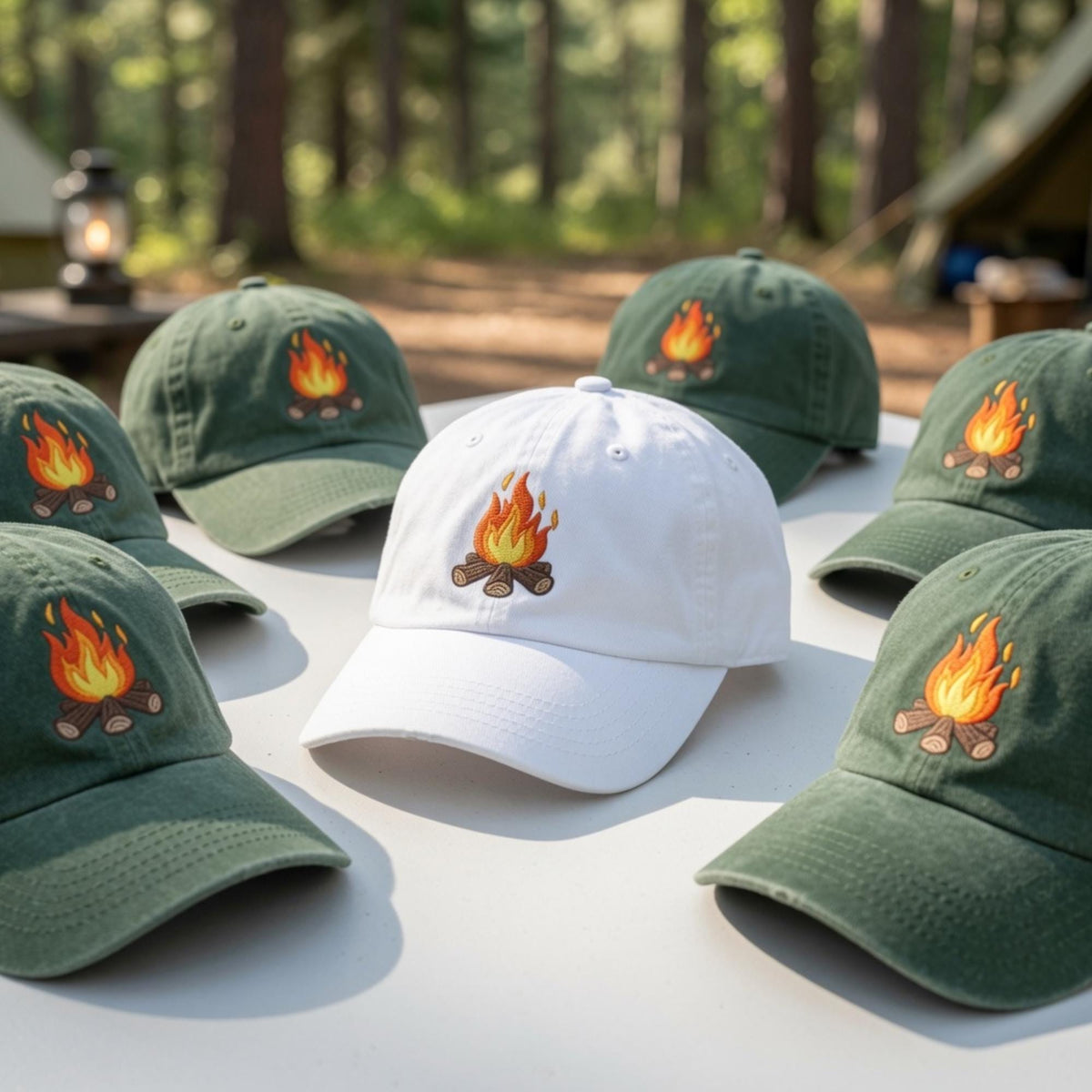 Embroidered Campfire Hat, Matching Group Cap, Camping Trip Accessory, Nature Lover Gift, Outdoor Squad Hat, Adventure Team Cap, Unisex