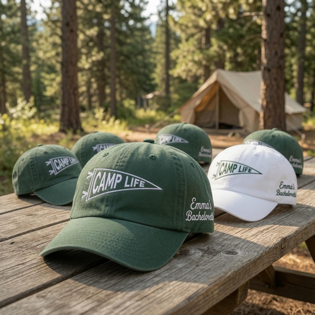 Embroidered Camp Life Hat, Side Text Bachelorette Cap, Custom Camping Trip Gift, Personalized Party Cap, Matching Group Hat, Pennant Design