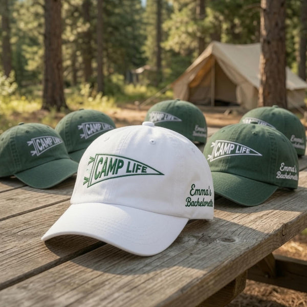 Embroidered Camp Life Hat, Side Text Bachelorette Cap, Custom Camping Trip Gift, Personalized Party Cap, Matching Group Hat, Pennant Design