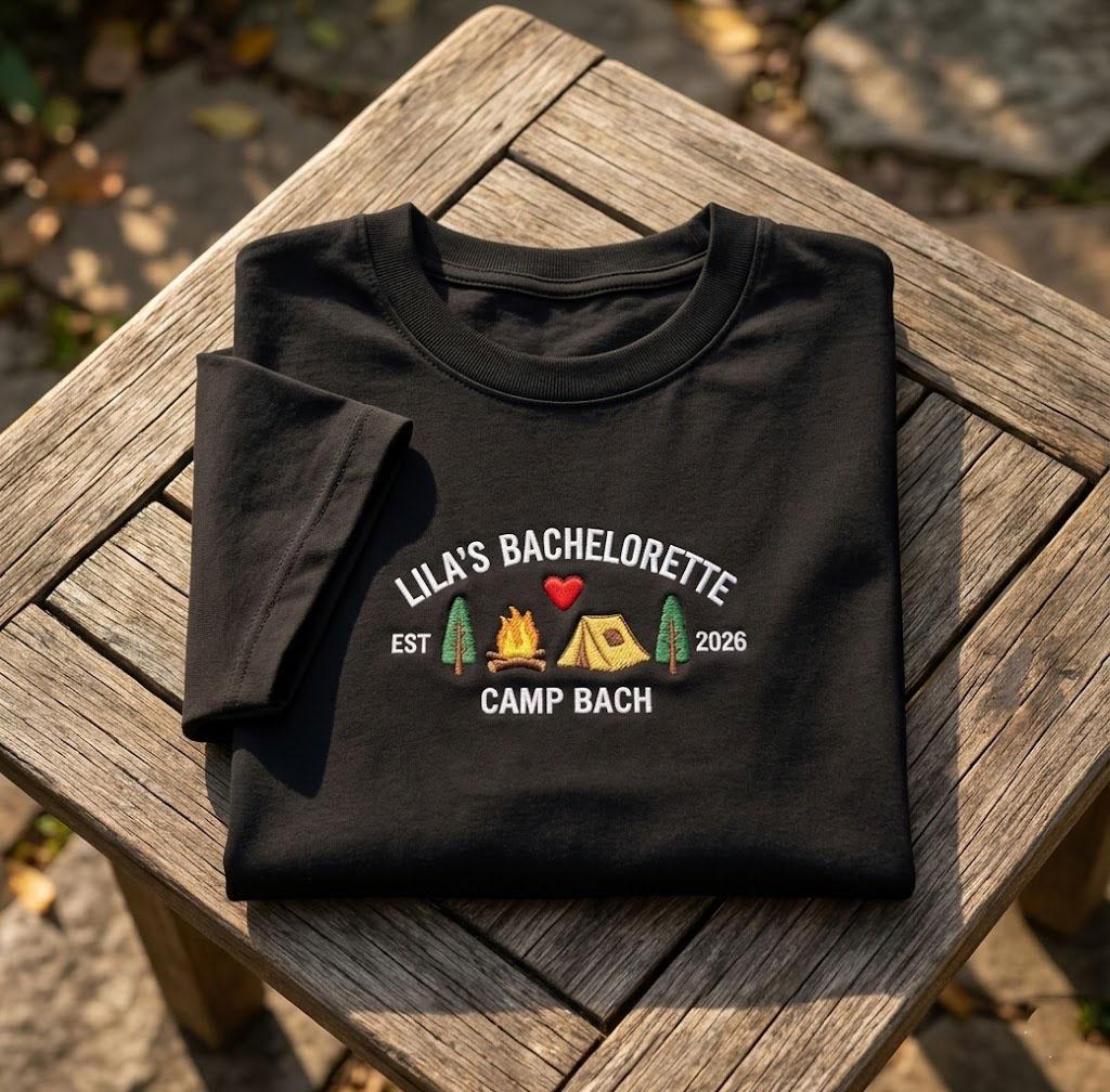 Custom Camp Bachelorette Shirt, Personalized Camping Wilderness Bridal Party Tee