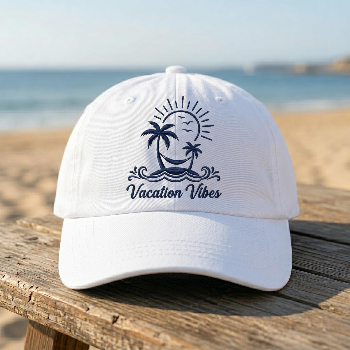 Custom Vacation Vibes Hat, Personalized Beach Trip Dad Cap, Embroidered Palm Tree Baseball Hat, Vintage Washed Denim Cruise Summer Gift