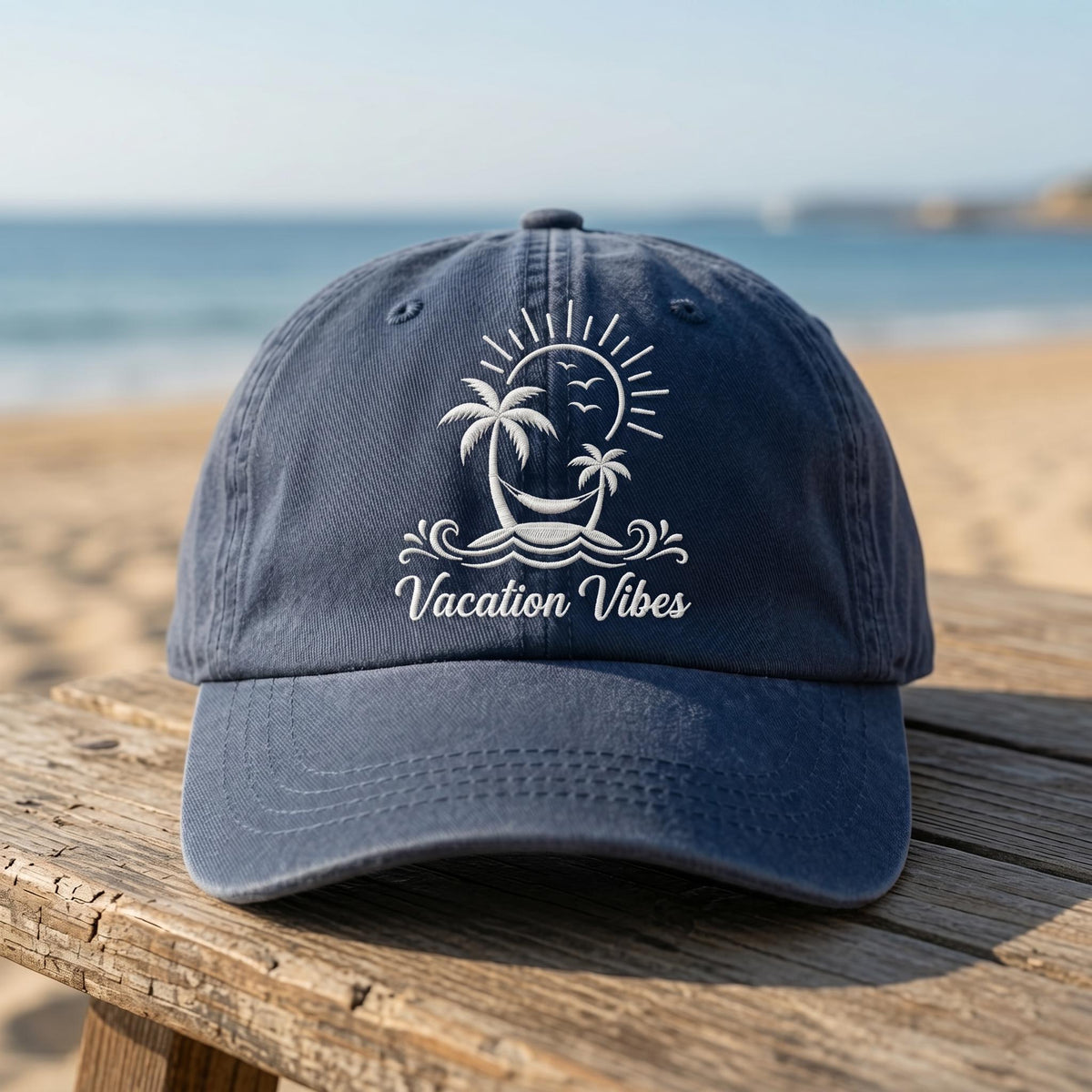 Custom Vacation Vibes Hat, Personalized Beach Trip Dad Cap, Embroidered Palm Tree Baseball Hat, Vintage Washed Denim Cruise Summer Gift