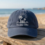 Custom Vacation Vibes Hat, Personalized Beach Trip Dad Cap, Embroidered Palm Tree Baseball Hat, Vintage Washed Denim Cruise Summer Gift