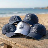 Custom Vacation Vibes Hat, Personalized Beach Trip Dad Cap, Embroidered Palm Tree Baseball Hat, Vintage Washed Denim Cruise Summer Gift