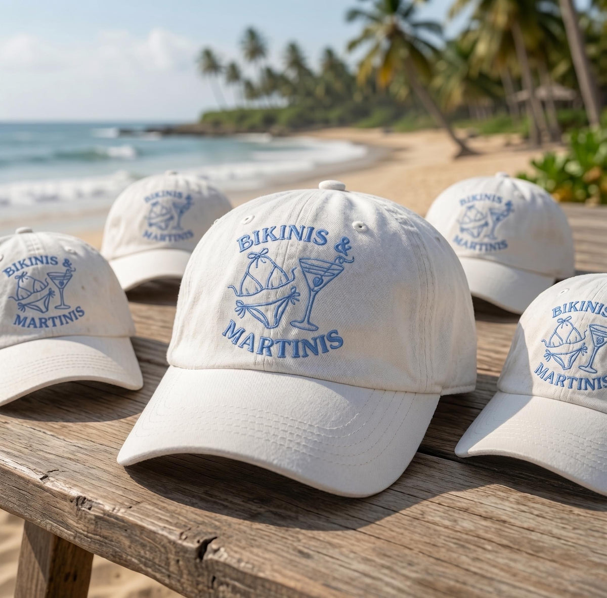 Custom Bikinis And Martinis Hat, Personalized Beach Bachelorette Dad Cap, Embroidered Cocktail Swimwear Baseball Hat, Summer Girls Trip Gift