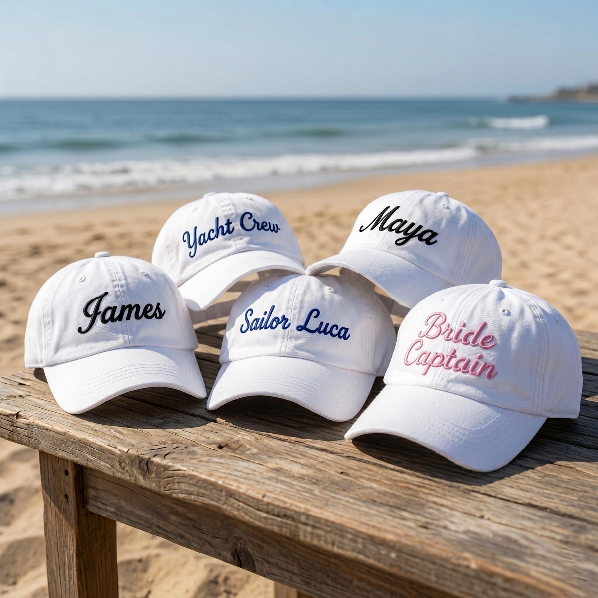 Custom Bride Captain Hat, Personalized Yacht Crew Dad Cap, Embroidered Script Name Baseball Hat, Beach Bachelorette Nautical Party Gift