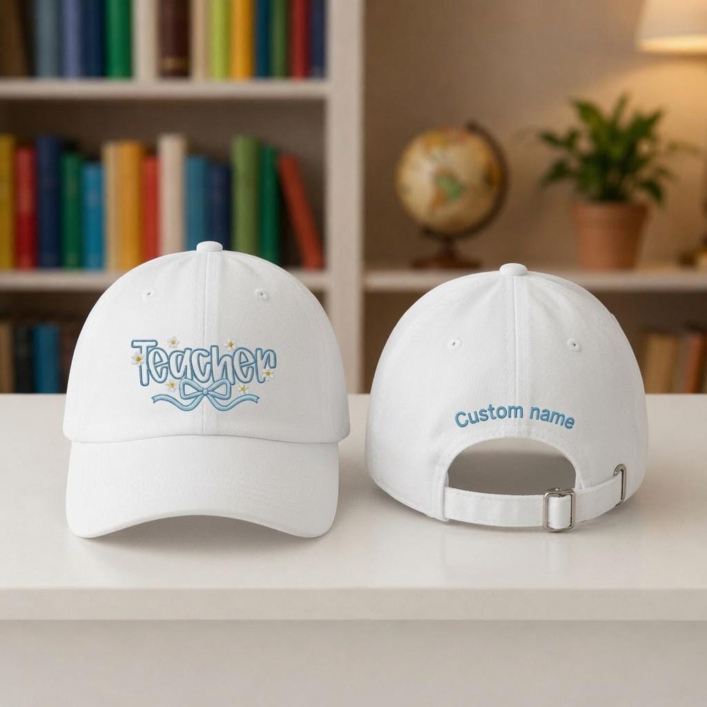 Personalized Daisy Bow Teacher Hat, Custom Name Embroidered Baseball Cap, Teacher Appreciation Gift