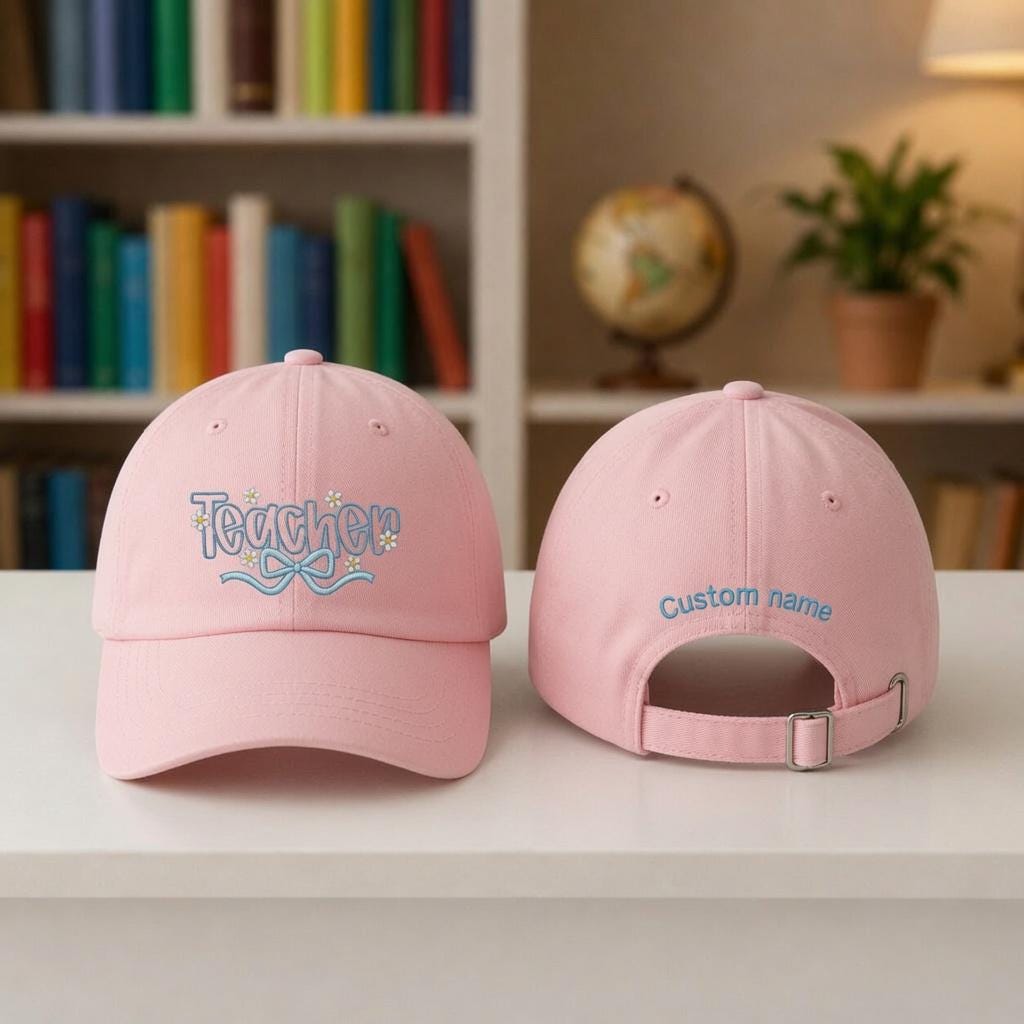 Personalized Daisy Bow Teacher Hat, Custom Name Embroidered Baseball Cap, Teacher Appreciation Gift