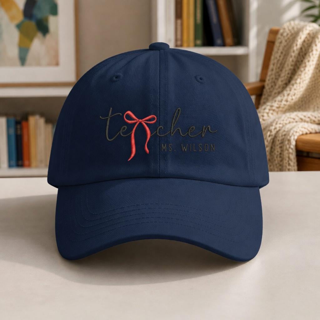 Custom Teacher Name Embroidered Hat, Personalized Bow Baseball Cap, Teacher Appreciation Gift