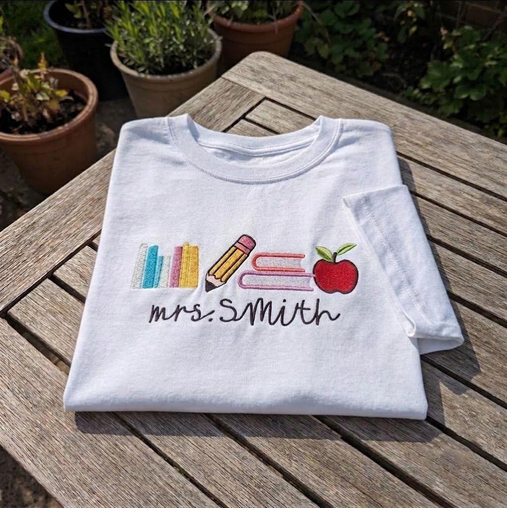 Custom Teacher Shirt, Embroidered Pencil Apple Books Back to School Personalized Tee
