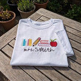 Custom Teacher Shirt, Embroidered Pencil Apple Books Back to School Personalized Tee