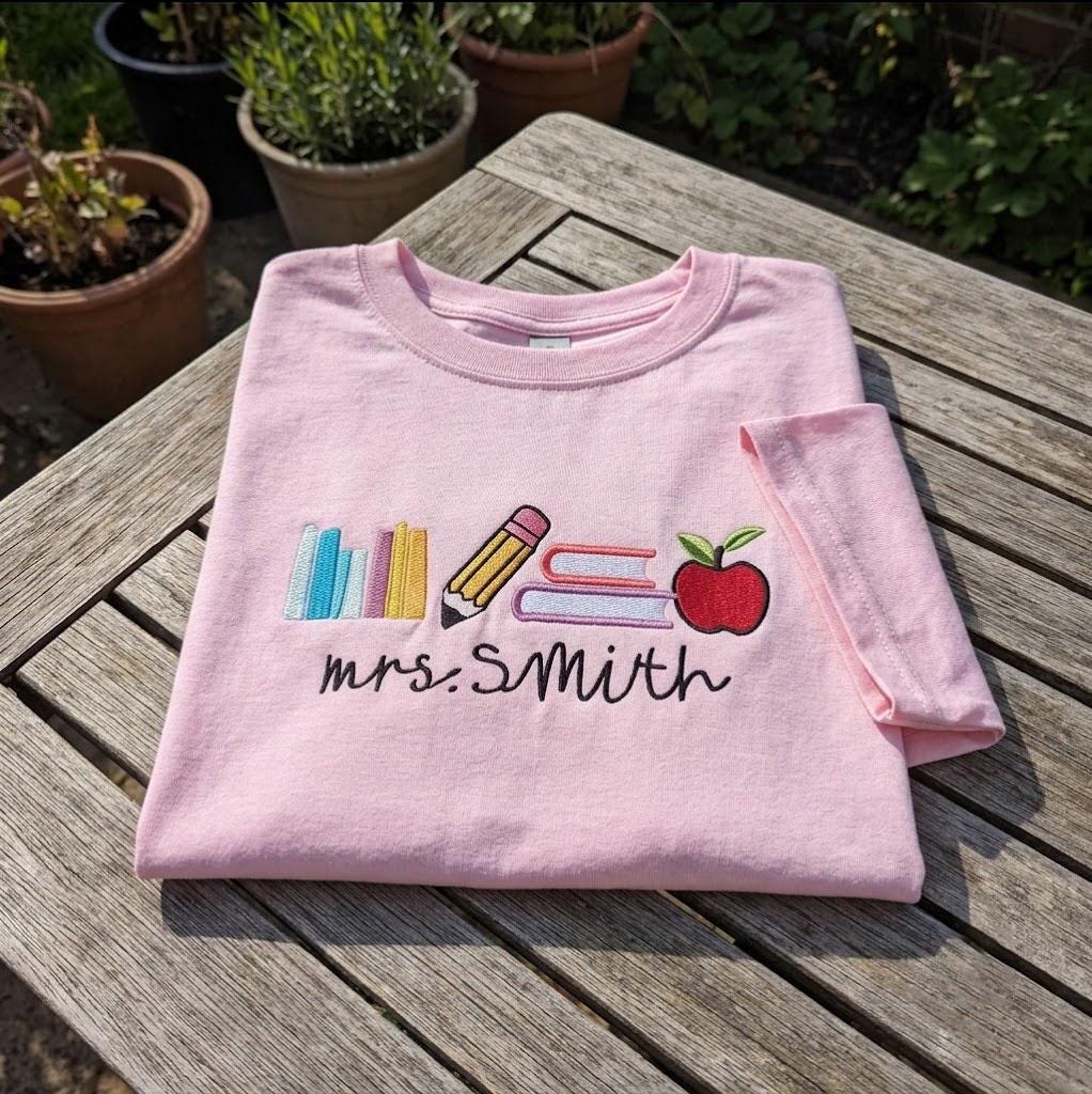 Custom Teacher Shirt, Embroidered Pencil Apple Books Back to School Personalized Tee