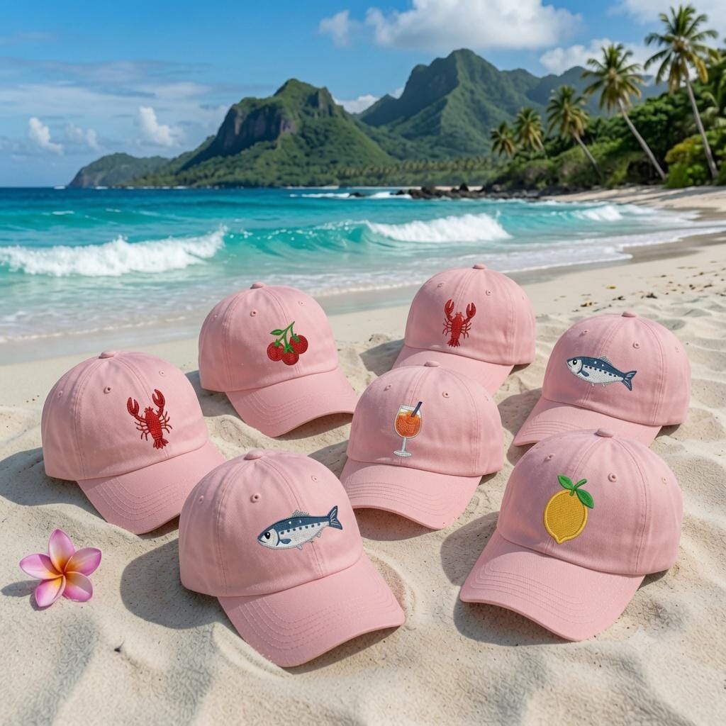 Italian Coastal Embroidered Hat, Sardine Lemon Lobster Baseball Cap, Summer Vacation Gift