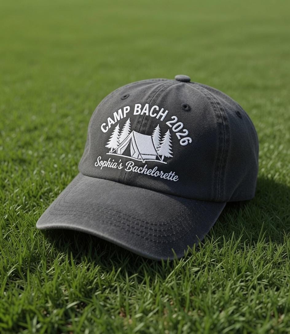 Camp Bach Bachelorette Embroidered Hat, Personalized Bach Party Cap, Camping Bachelorette Gift, Bride Tribe Hat, Custom Party Cap