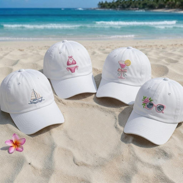 Summer Icon Embroidered Dad Hat, Sailboat Cocktail Sunglasses Beach Baseball Cap, Beachy Vacation Dad Hat