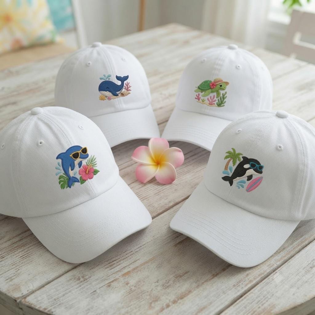 Coastal Ocean Animal Embroidered Hat, Dolphin Whale Turtle Baseball Cap, Vacation Mini Hat, Summer Gift