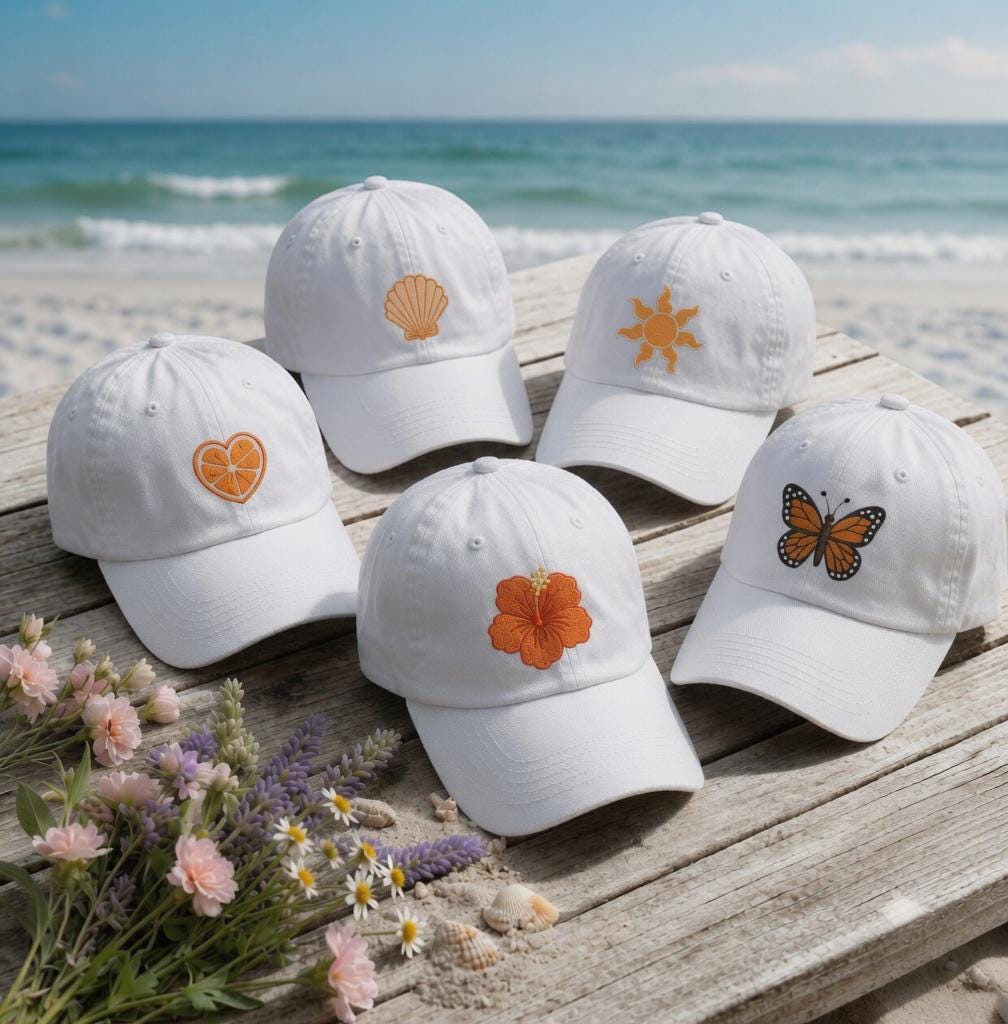 Orange Fruit Embroidered Hat, Retro Seashell Butterfly Floral Baseball Cap, Beach Vacation Gift, Aesthetic Summer Hat