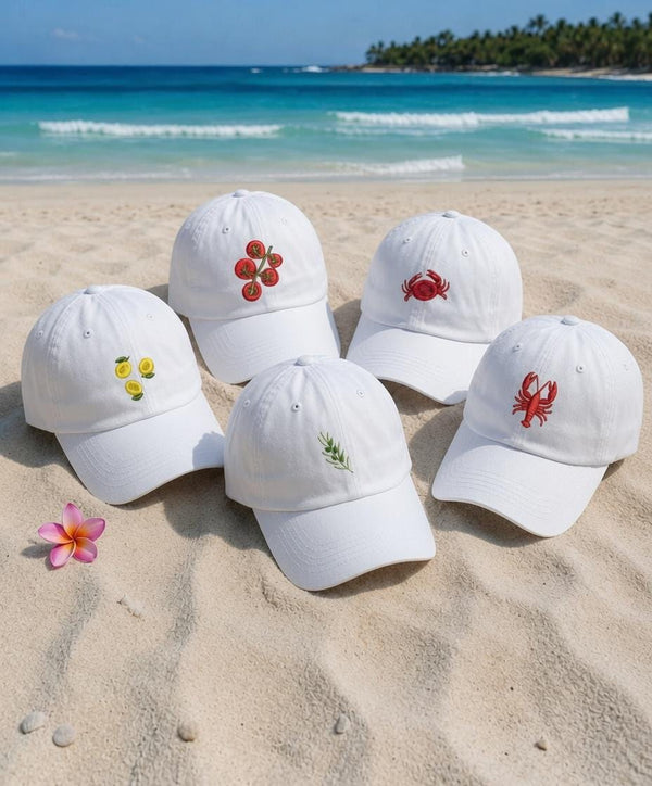 Summer Icons Embroidered Hat, Tomato Crab Lobster Lemon Baseball Cap, Coastal Vacation Gift