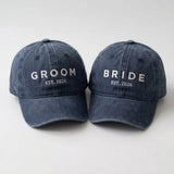 Matching Bride Groom Embroidered Hats, Mr and Mrs Washed Cotton Baseball Caps