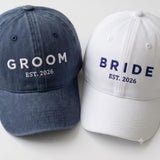 Matching Bride Groom Embroidered Hats, Mr and Mrs Washed Cotton Baseball Caps