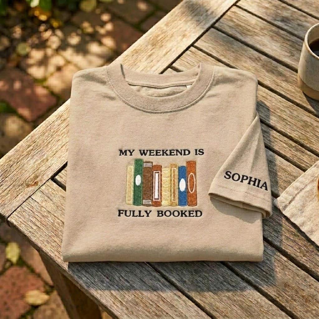 Custom Book Lover Sweatshirt, Fully Booked Embroidered Sleeve Name Reading Crewneck