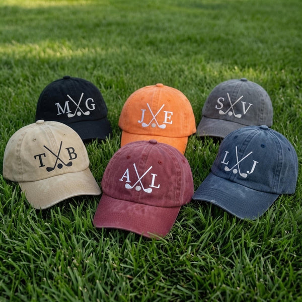 Personalized Golf Embroidered Hat, Custom Monogram Distressed Cotton Baseball Cap, Golf Gift for Dad