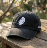Cute Ghost Hat With Side Name Custom Embroidered Ghost Baseball Cap Personalized Halloween Gift Vintage Washed Cotton Spooky Dad Cap