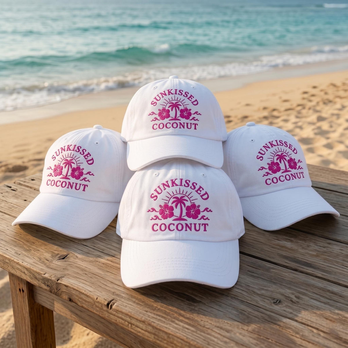 Custom Embroidered Coconut Cap Pink Hibiscus Beach Hat Personalized Tropical Gifts Summer Cruise Family Matching Hats Coastal Cap