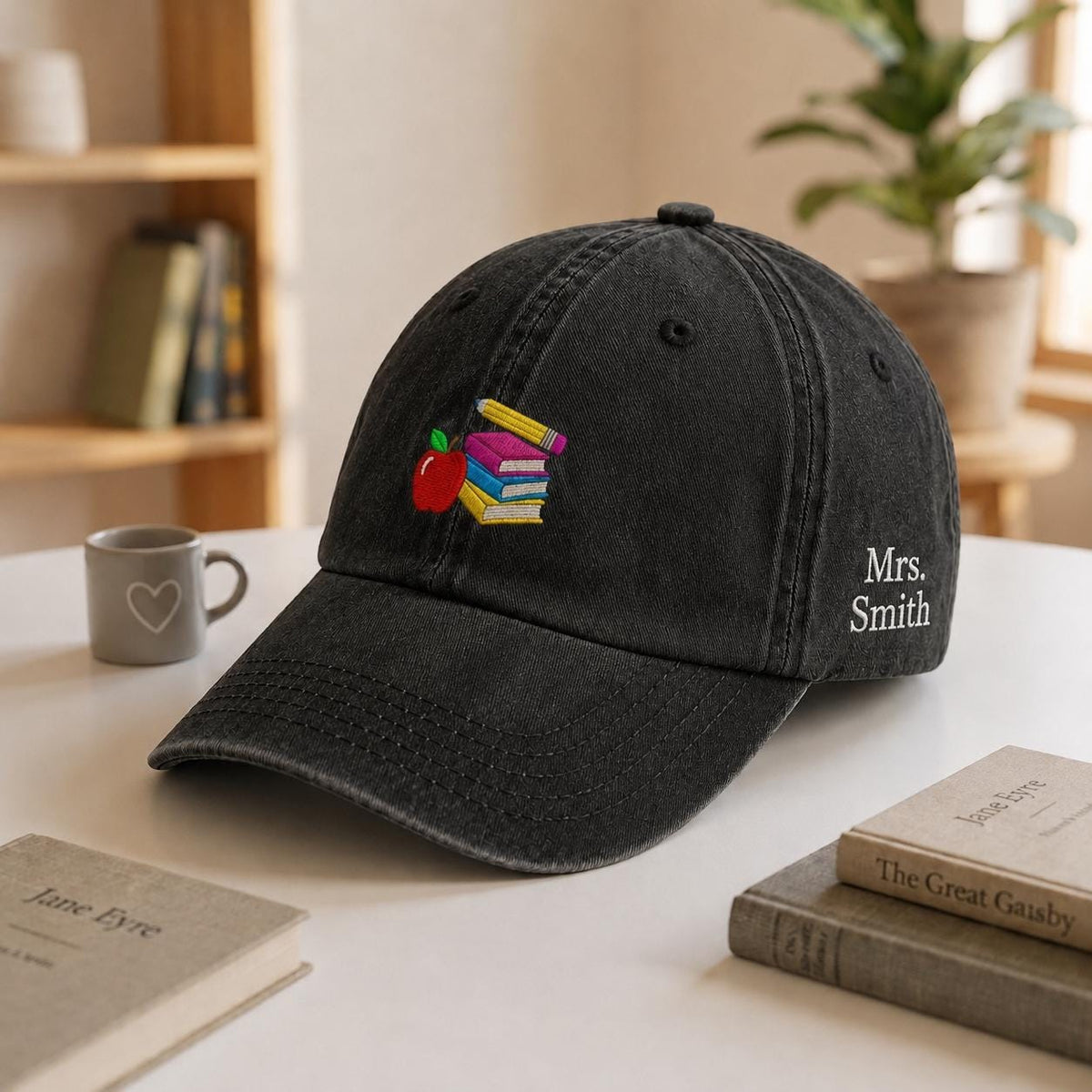 Custom Teacher Book and Apple Embroidered Hat, Personalized Educator Baseball Cap
