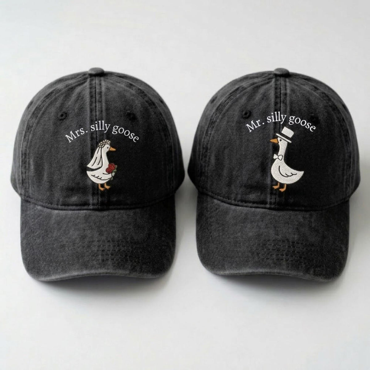 Matching Goose Couple Embroidered Hats, Personalized Bride Groom Baseball Caps, Wedding Gift
