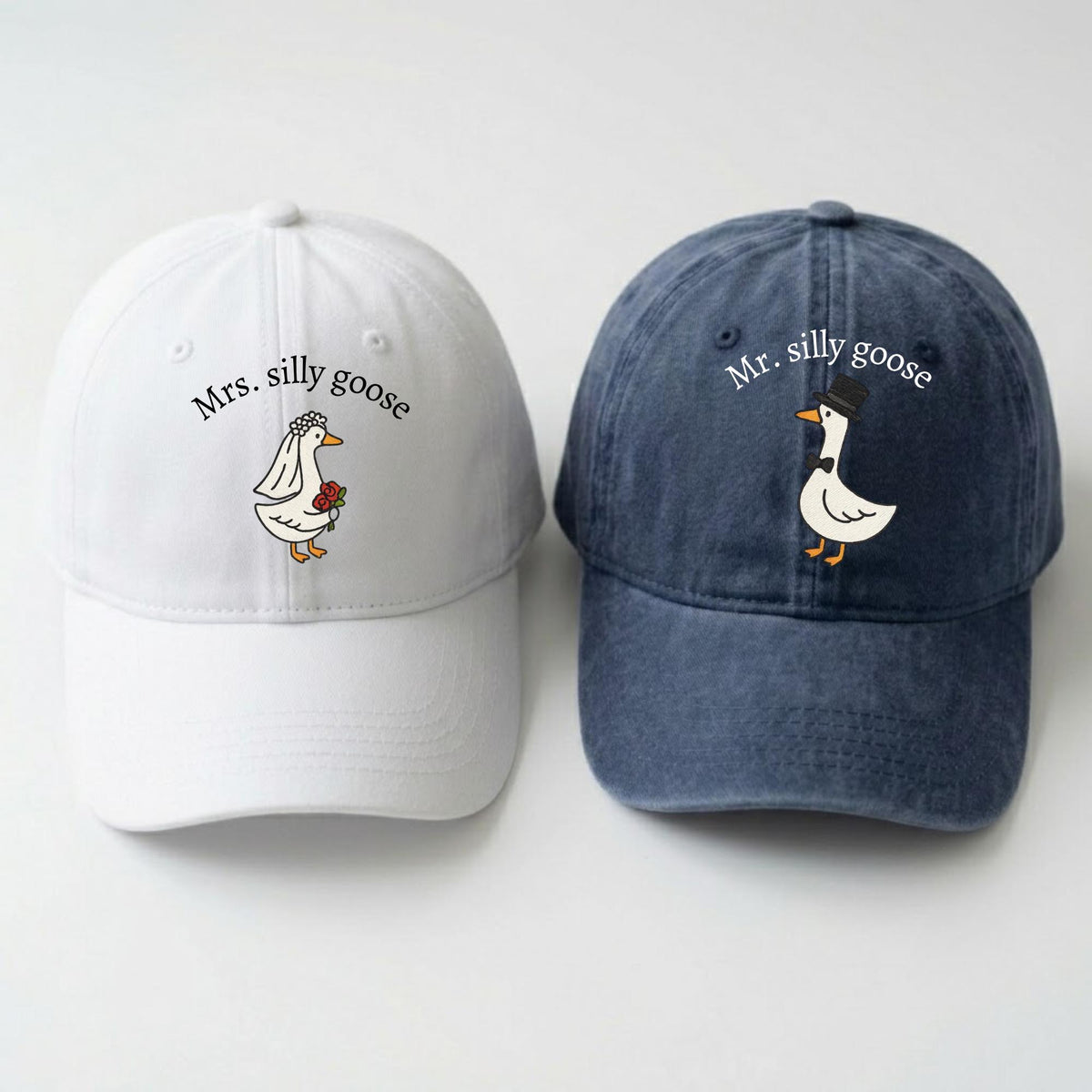 Matching Goose Couple Embroidered Hats, Personalized Bride Groom Baseball Caps, Wedding Gift