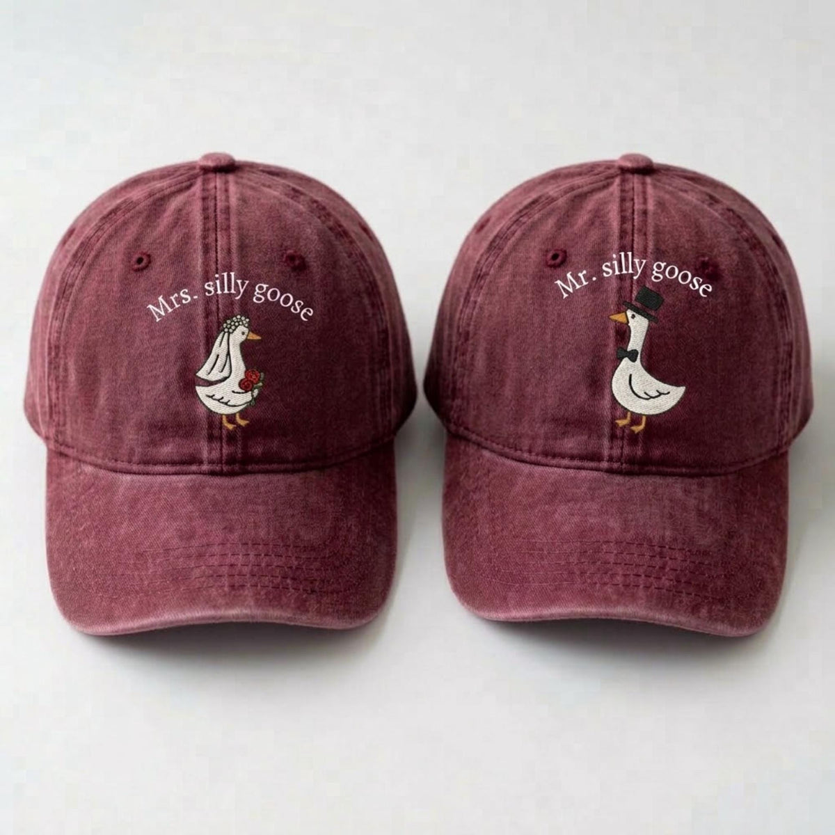 Matching Goose Couple Embroidered Hats, Personalized Bride Groom Baseball Caps, Wedding Gift