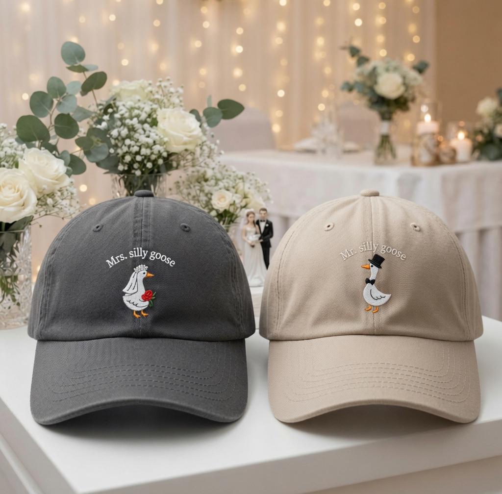 Personalized Goose Couple Embroidered Hats, Matching Bride and Groom Baseball Caps, Wedding Gift