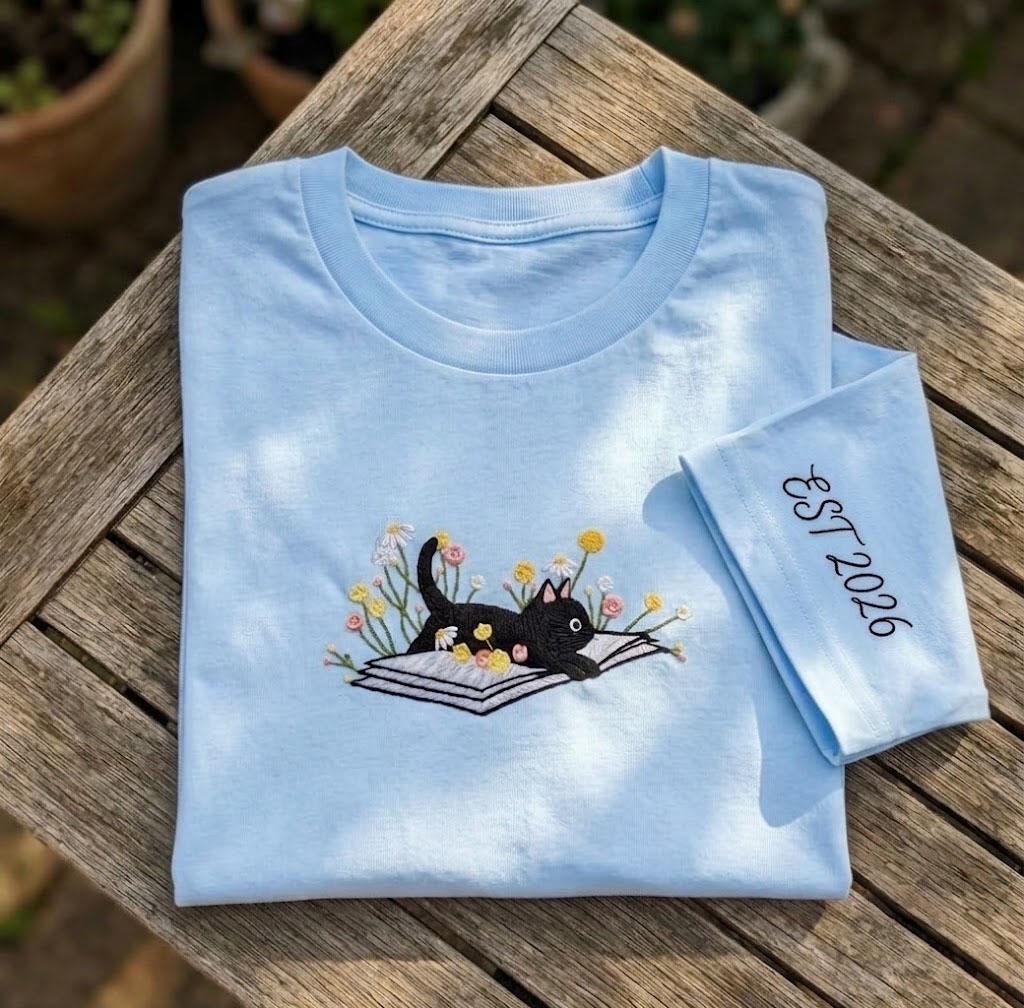 Custom Black Cat Embroidered Shirt, Floral Book Lover Personalized EST 2026 Tee