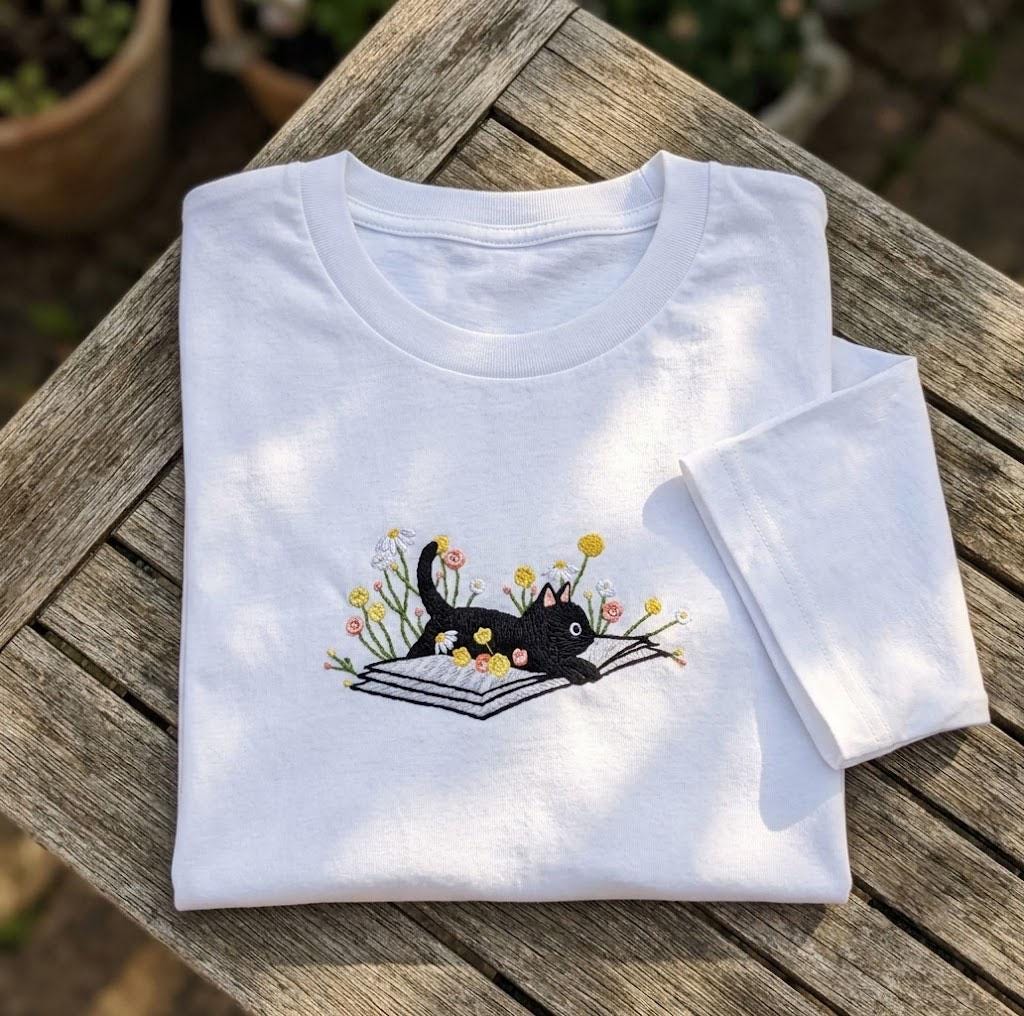 Custom Black Cat Embroidered Shirt, Floral Book Lover Personalized EST 2026 Tee
