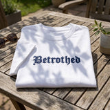 Custom Gothic Bachelorette Shirt, Old English Font Bridal Party Betrothed Wedding Tee